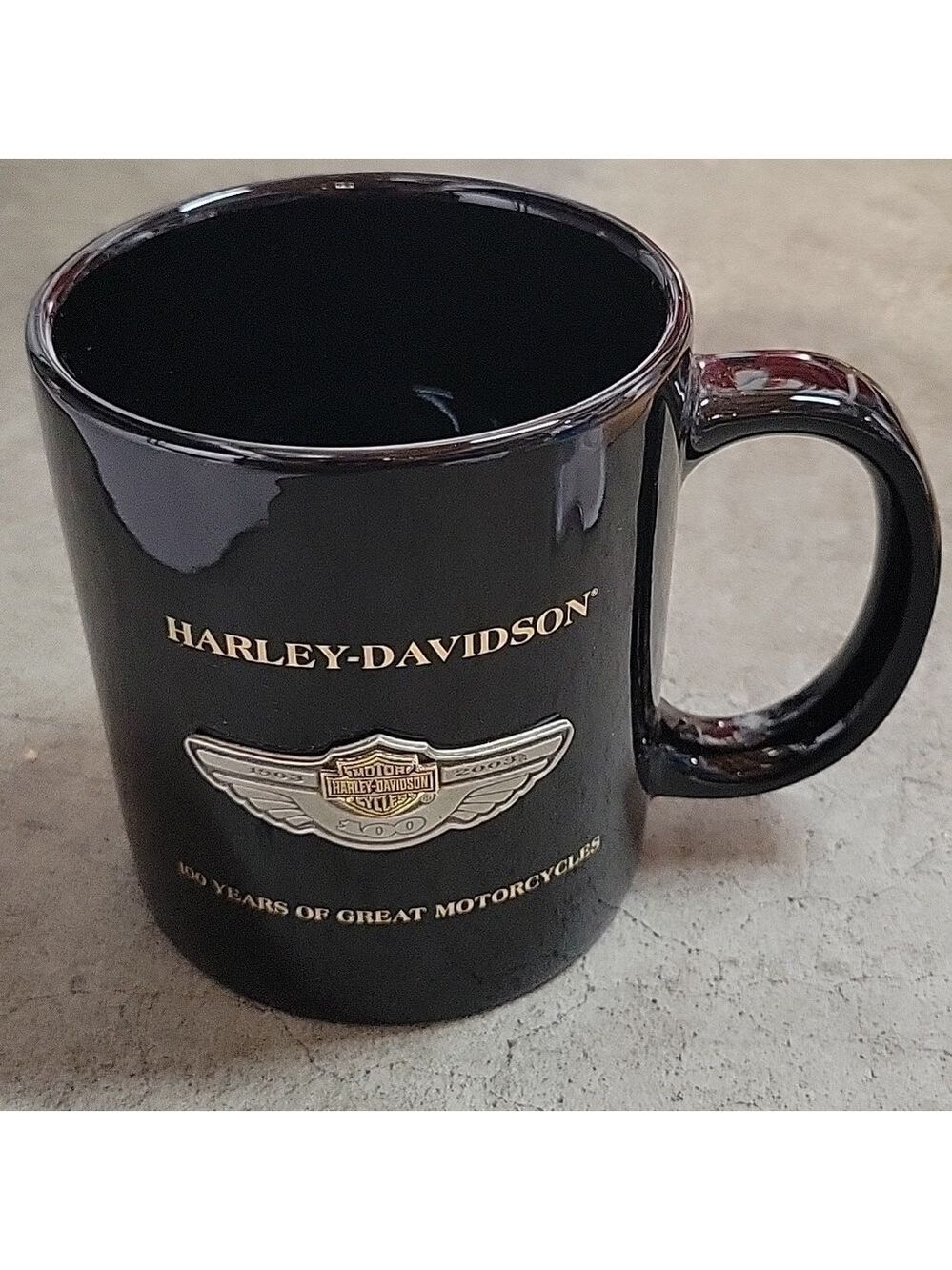Harley-Davidson 100 Year Anniversary Coffee Mug, Black, Pewter Logo, 22 Oz.